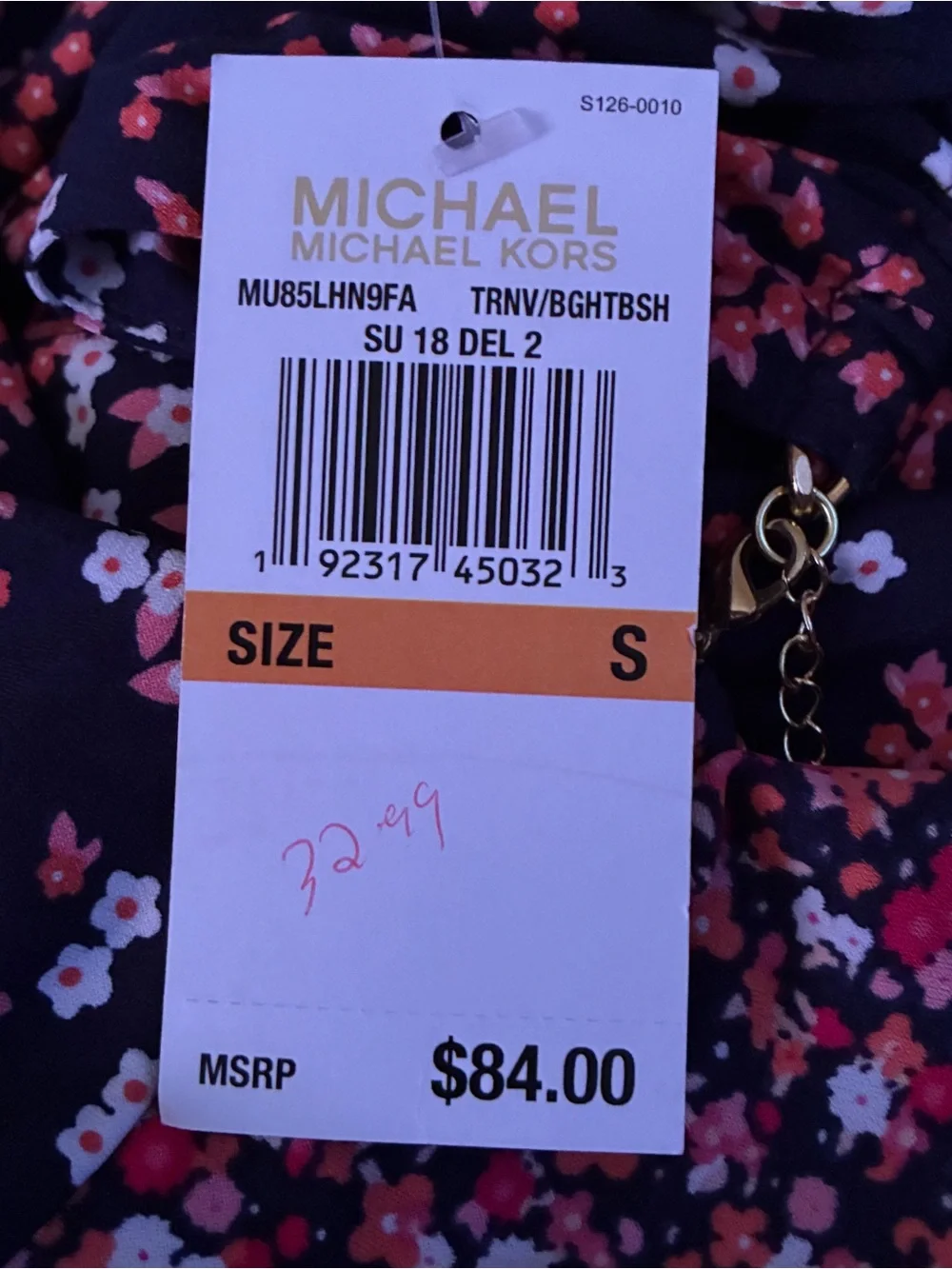 NWT MICHAEL KORS BLUE FLORAL BLOUSE WITH GOLD CHAIN SIZE S